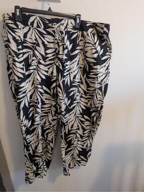 Liz Claiborne Wide Leg Crop Pant XXL Black Tan Linen Blend Resort Tropical Beach